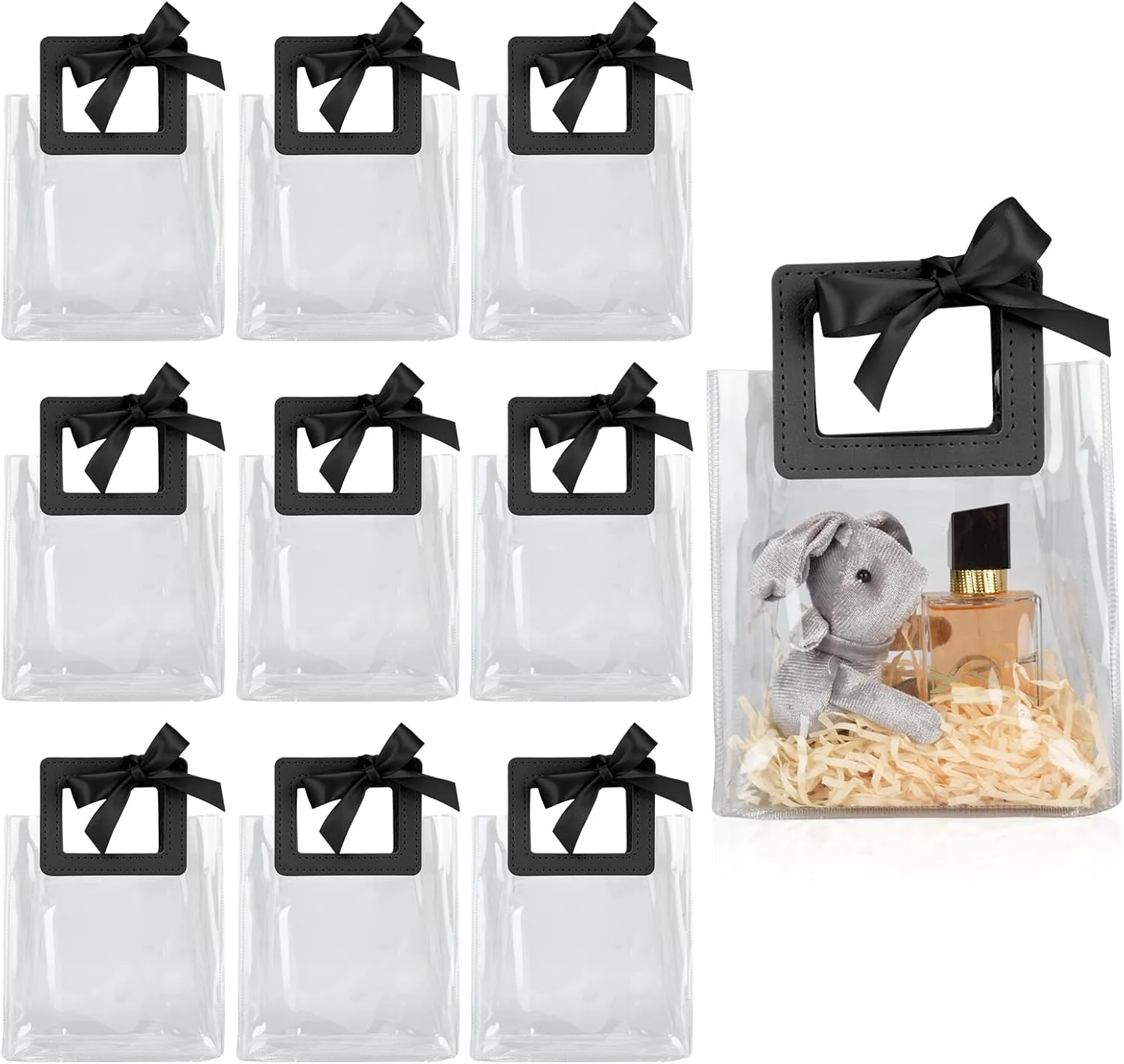 10 Pack Clear Gift Bags with Handle Plastic Gift Bags Reusable Transparent Gift Wrap Tote Bag with Ribbon Party Favor Bag for Wedding Birthday Christmas Baby Shower Bridal Party