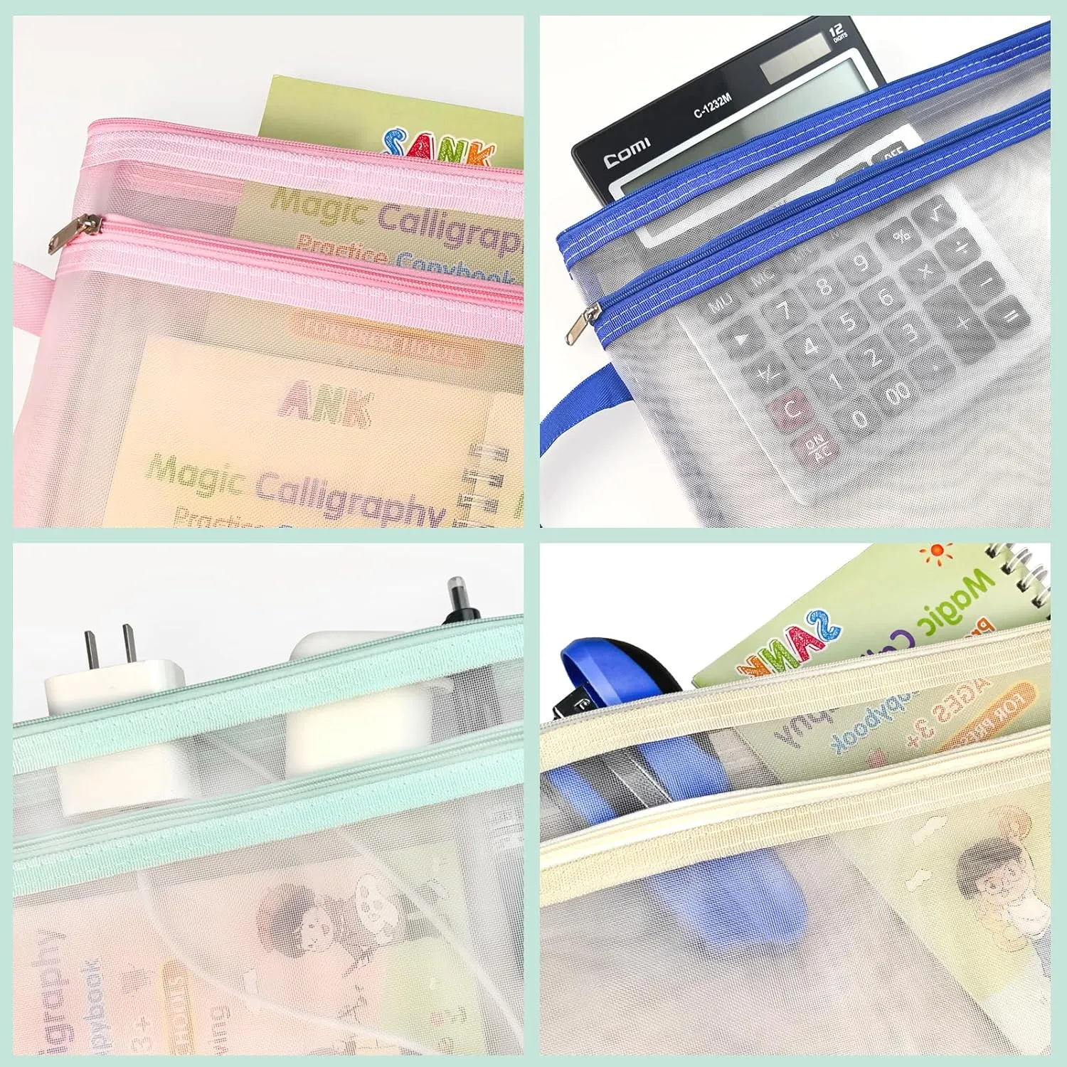 10 Pack Two Layers Mesh Zipper Pouch Bags, Puzzle and Toy Organizer Storage Bag with Breathable Nylon Mesh, A4 Clear Zipper Pouch with Handle for Playroom School Office Organization