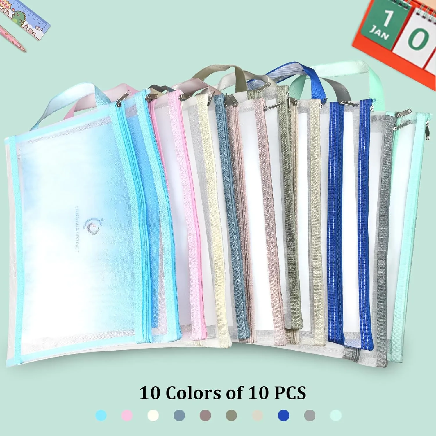 10 Pack Two Layers Mesh Zipper Pouch Bags, Puzzle and Toy Organizer Storage Bag with Breathable Nylon Mesh, A4 Clear Zipper Pouch with Handle for Playroom School Office Organization