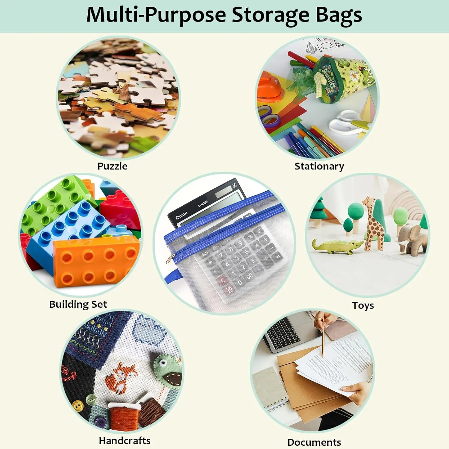 10 Pack Two Layers Mesh Zipper Pouch Bags, Puzzle and Toy Organizer Storage Bag with Breathable Nylon Mesh, A4 Clear Zipper Pouch with Handle for Playroom School Office Organization
