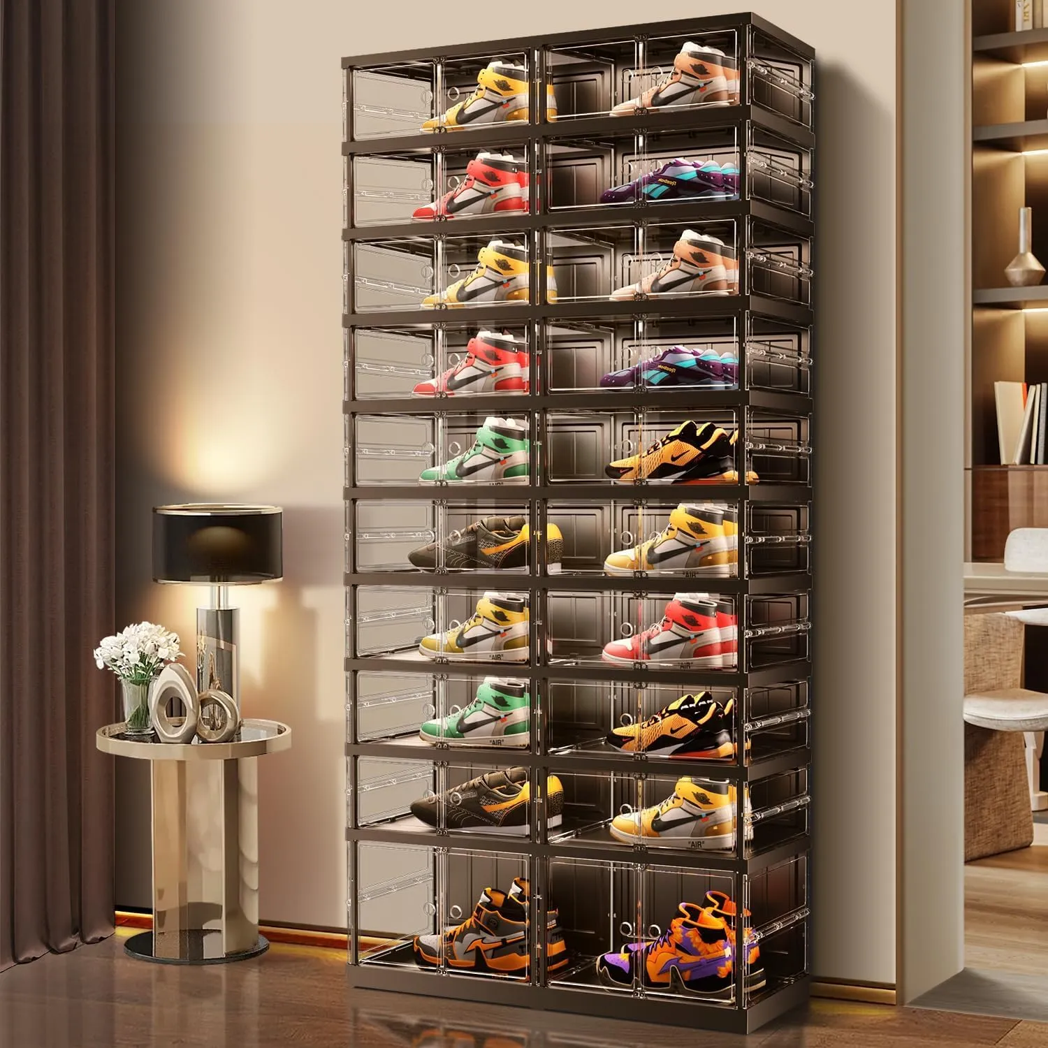 10 Tiers 20-40 Pairs Foldable Shoe Boxes Large Plastic Shoe Storage Rack Collapsible Shoe Organizer for Closet Clear Stackable Shoes Shelf Storage Cabinet with Doors Quick Assembly Black