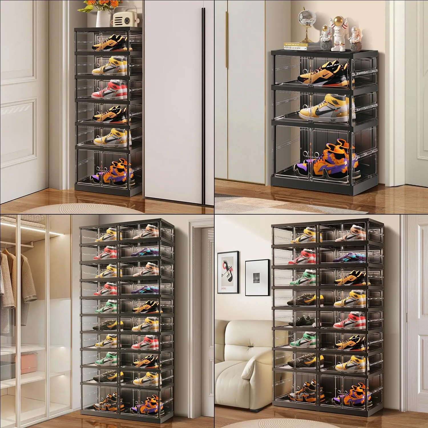10 Tiers 20-40 Pairs Foldable Shoe Boxes Large Plastic Shoe Storage Rack Collapsible Shoe Organizer for Closet Clear Stackable Shoes Shelf Storage Cabinet with Doors Quick Assembly Black