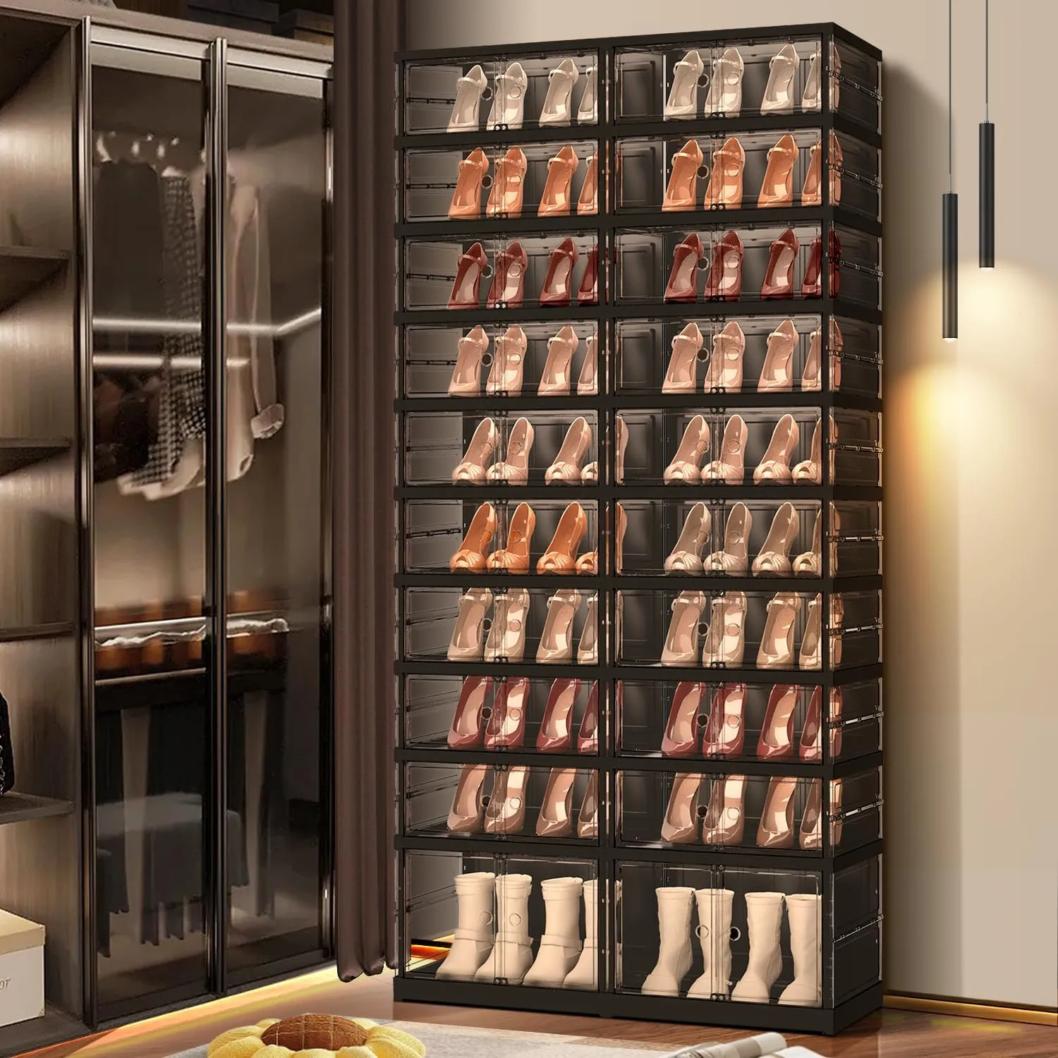 10 Tiers 20-40 Pairs Foldable Shoe Boxes Large Plastic Shoe Storage Rack Collapsible Shoe Organizer for Closet Clear Stackable Shoes Shelf Storage Cabinet with Doors Quick Assembly Black