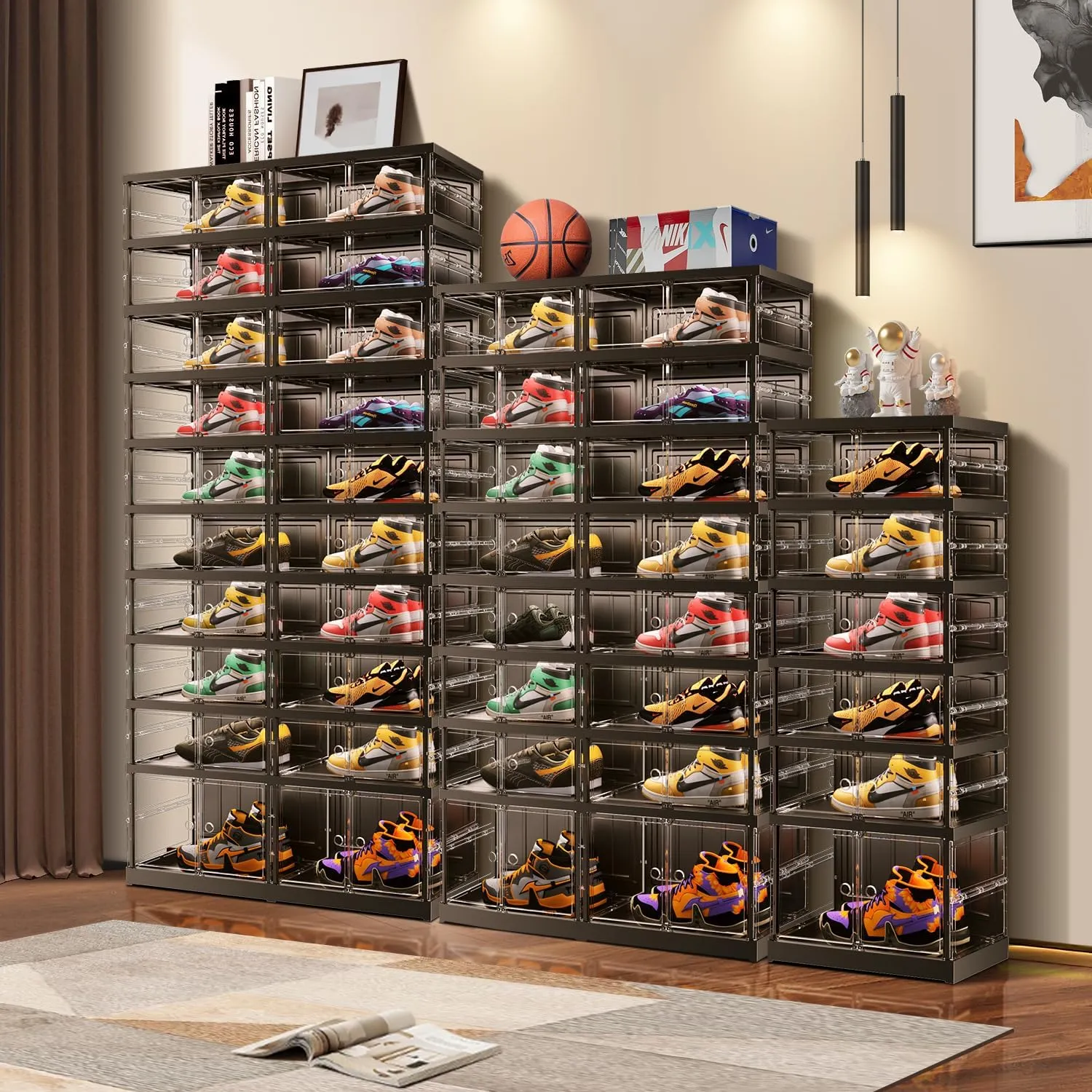 10 Tiers 20-40 Pairs Foldable Shoe Boxes Large Plastic Shoe Storage Rack Collapsible Shoe Organizer for Closet Clear Stackable Shoes Shelf Storage Cabinet with Doors Quick Assembly Black