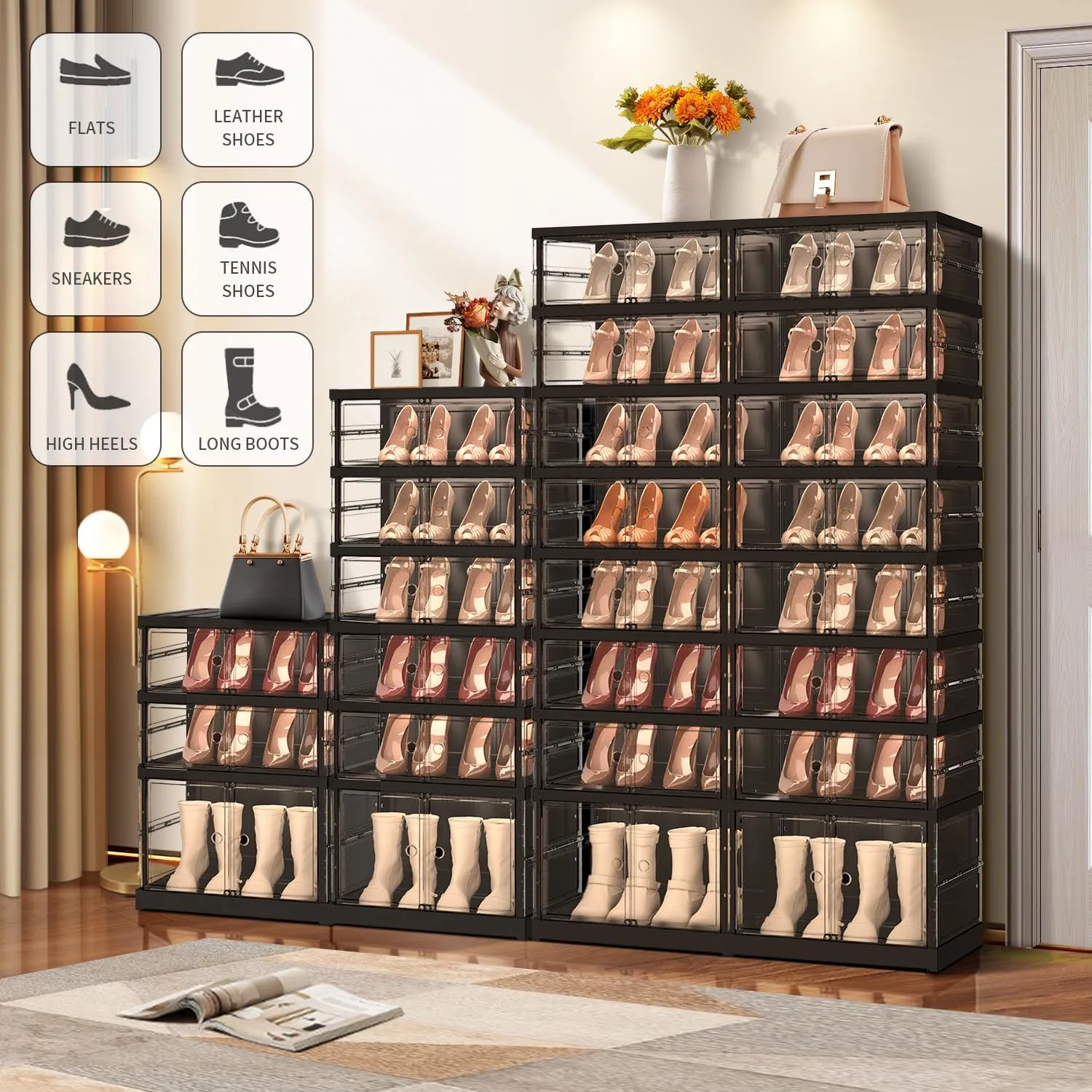 10 Tiers 20-40 Pairs Foldable Shoe Boxes Large Plastic Shoe Storage Rack Collapsible Shoe Organizer for Closet Clear Stackable Shoes Shelf Storage Cabinet with Doors Quick Assembly Black
