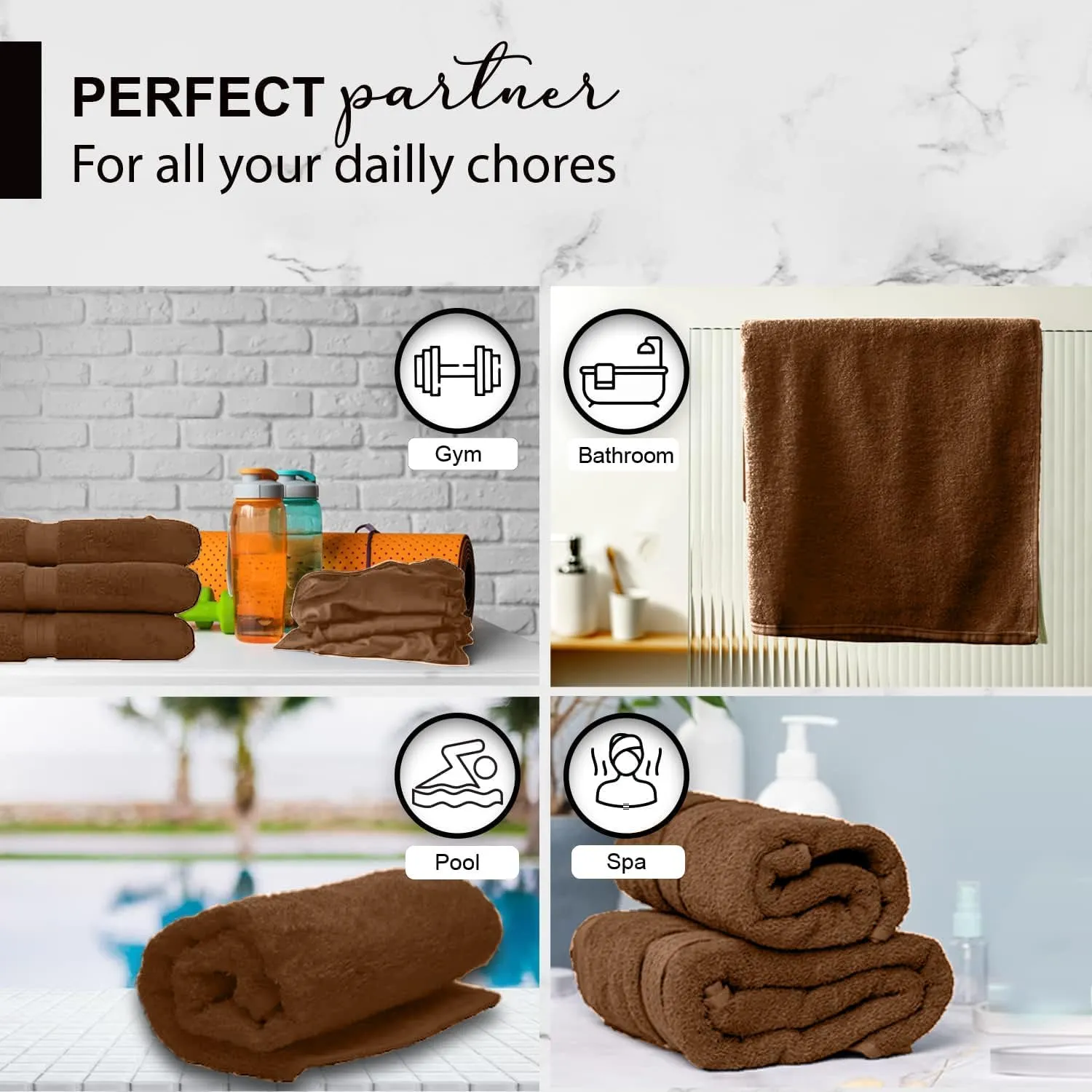 100% Cotton Bath Towels, 24x48 Pack of 6 Towels, Quick Dry, Highly Absorbent, Soft Feel Towel, Gym, Spa, Bathroom, Shower, Pool, Luxury Soft Towels (Brown, 24x48-6 Pack)
