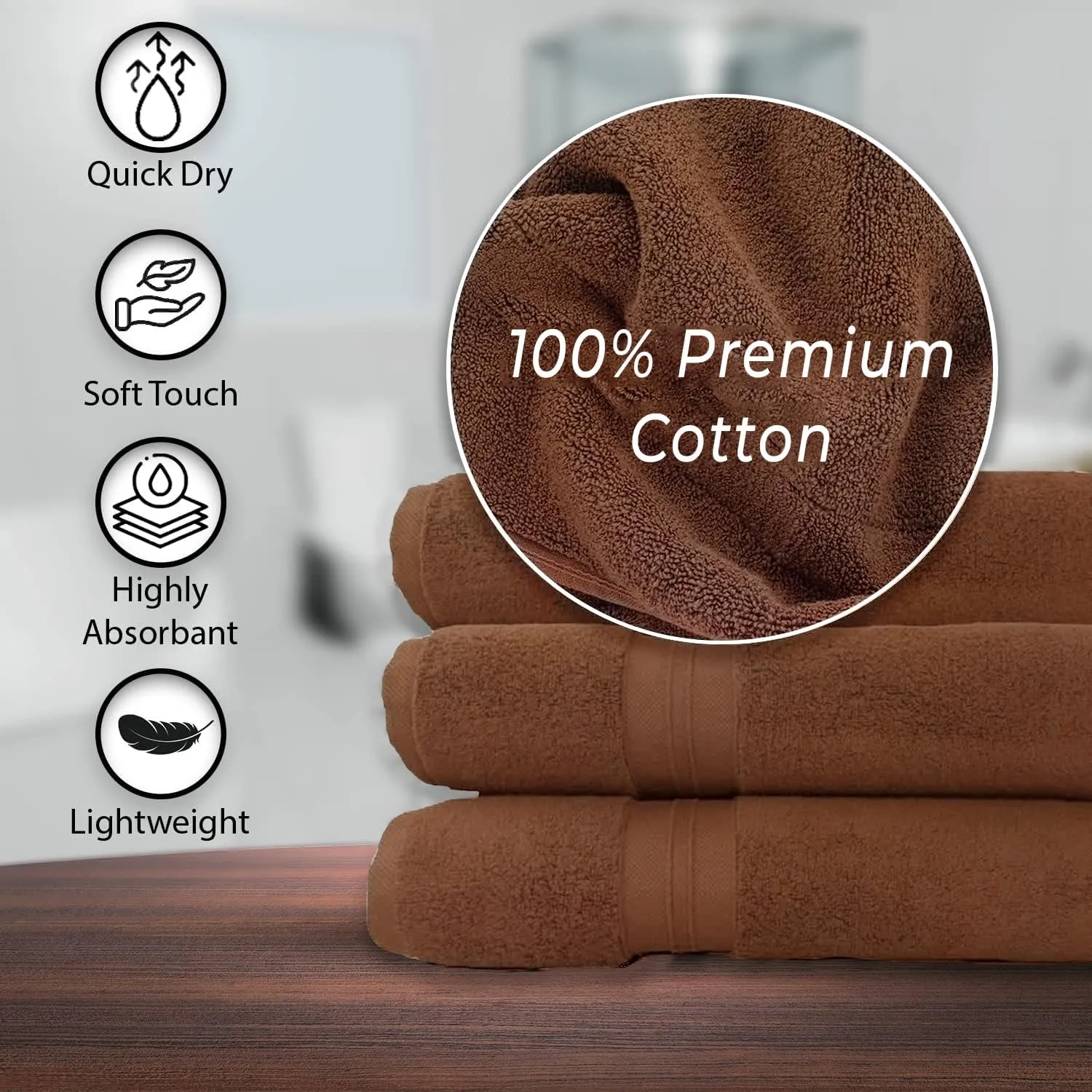 100% Cotton Bath Towels, 24x48 Pack of 6 Towels, Quick Dry, Highly Absorbent, Soft Feel Towel, Gym, Spa, Bathroom, Shower, Pool, Luxury Soft Towels (Brown, 24x48-6 Pack)
