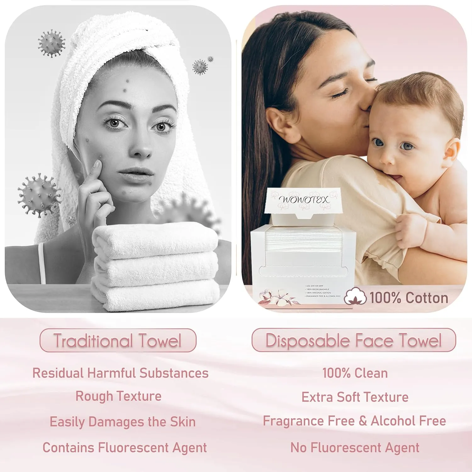 100% Cotton Disposable Face Towel 100 Count 10x12 Inch | Biodegradable Thick Soft One Time Use Dry Wipes for Sensitive Skin, Baby Care, Facial Cleaning, Makeup Removal