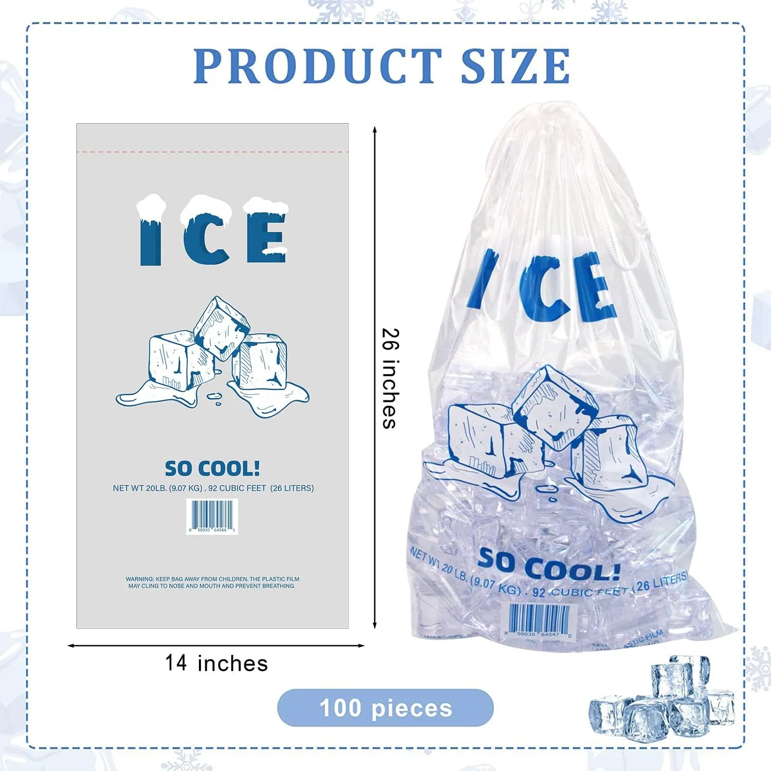100 Ice Bags, 20 LB Hold Capacity (14"x26"), Clear With Drawstrings, BPA-Free, Puncture Resistant, Heavy Duty