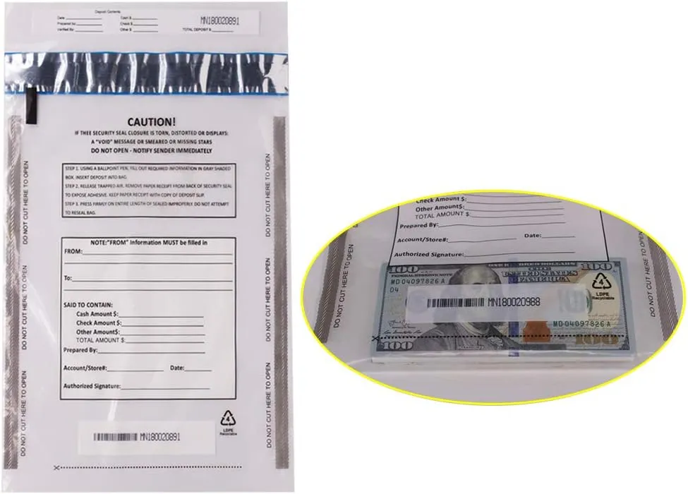100 Pack Clear FREEZFraud Deposit Bags, Tamper-Evident Bags, Security Bank Pocket, 9 x 12 Inches
