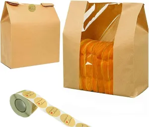 100 Pack Kraft Paper Bread Bags for Homemade Bread Large Loaf Bag with Clear Front Window 14" x 8.3" x 3.5" 500pcs Homemade with Love sticker, Food Packaging Storage Popcorn Cookie Treat Bakery Bag
