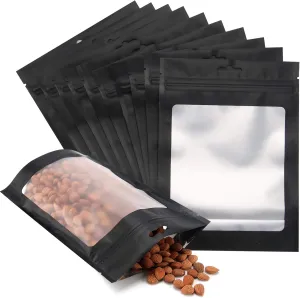 100 Pack Smell Proof Odorless Bags- 5x7 Inch Resealable Mylar Bags with Clear Window Foil Pouch Bag Flat Ziplock and Hanging Hole Bag Matte Black