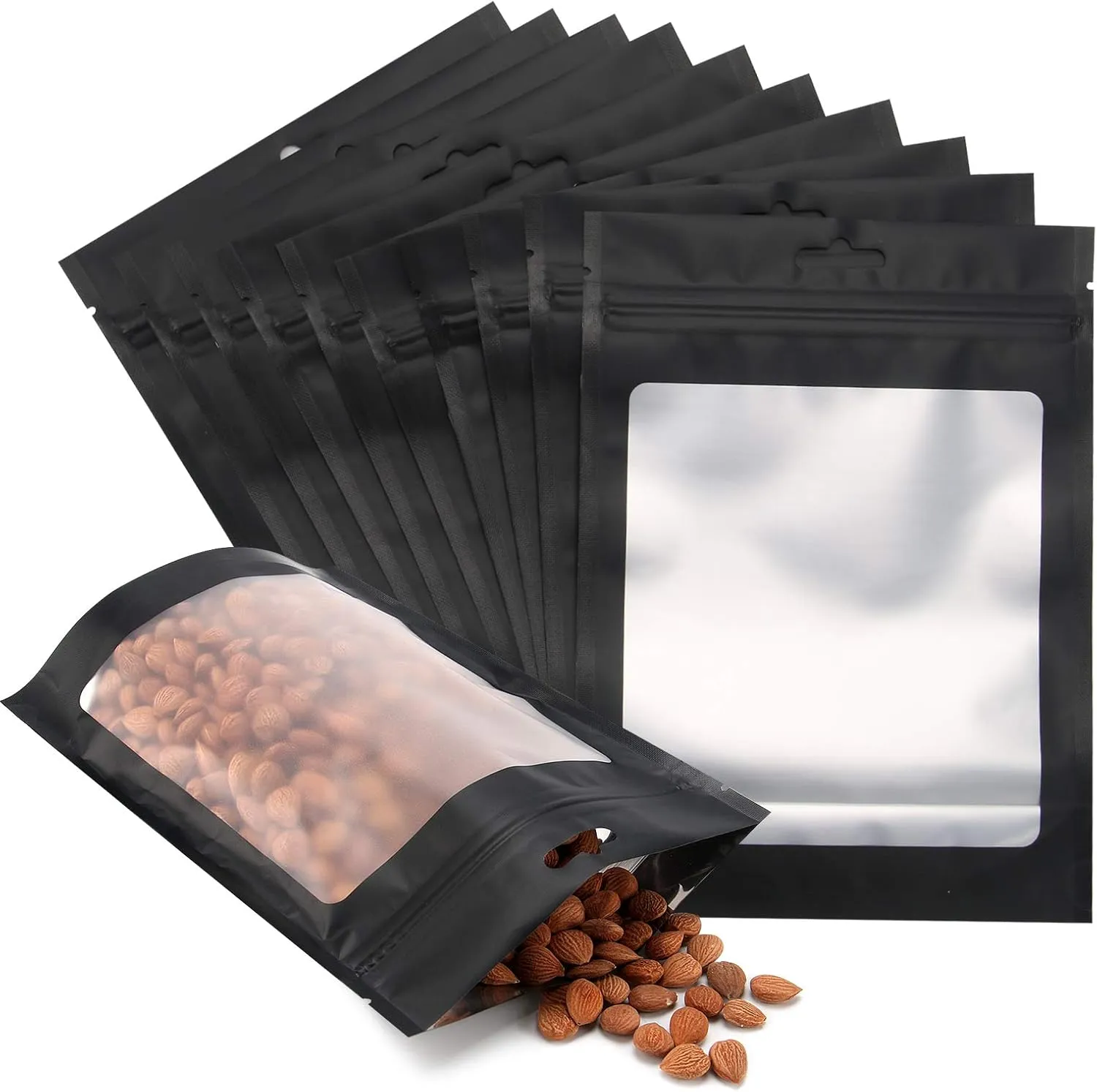 100 Pack Smell Proof Odorless Bags- 5x7 Inch Resealable Mylar Bags with Clear Window Foil Pouch Bag Flat Ziplock and Hanging Hole Bag Matte Black