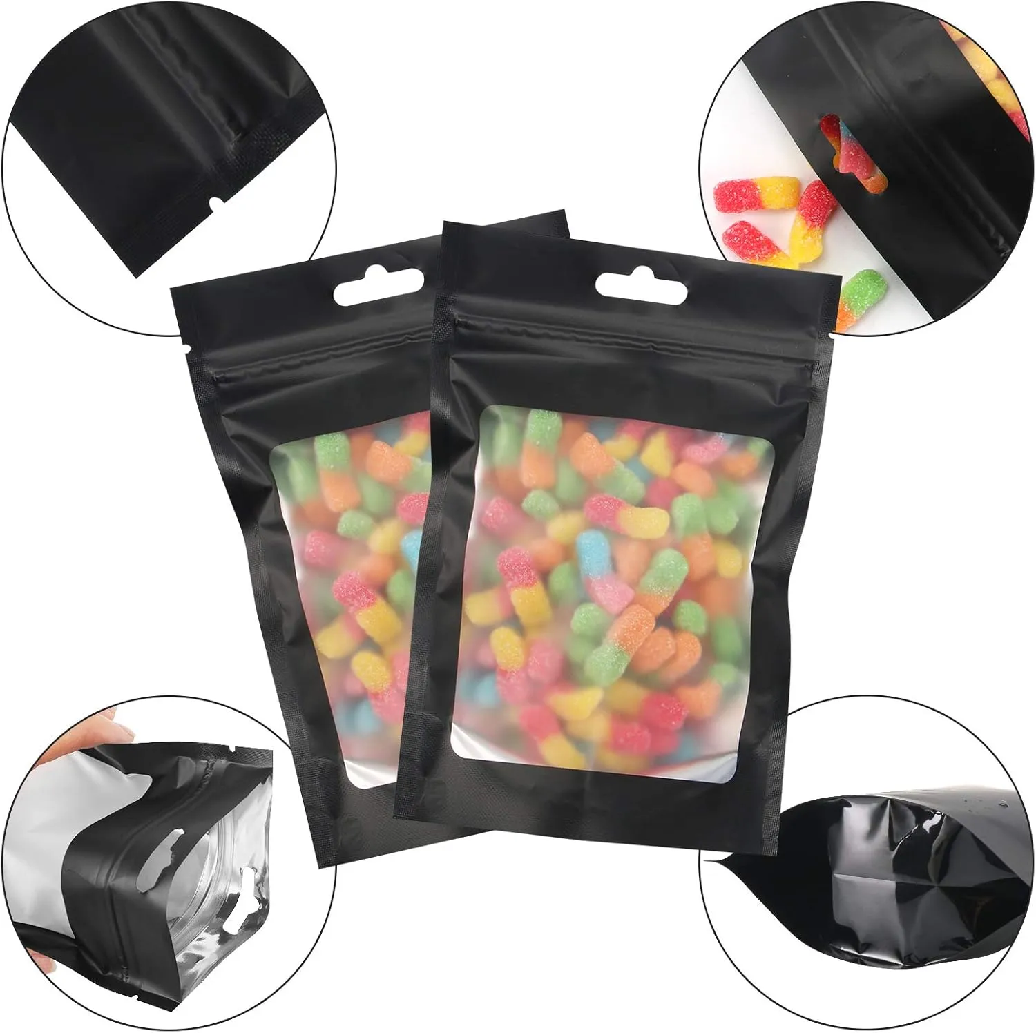 100 Pack Smell Proof Odorless Bags- 5x7 Inch Resealable Mylar Bags with Clear Window Foil Pouch Bag Flat Ziplock and Hanging Hole Bag Matte Black