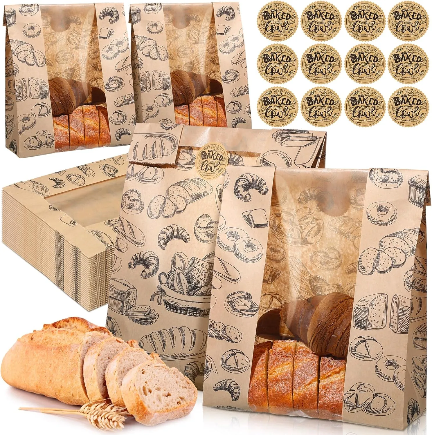 100 Packs Paper Bread Bags for Homemade Bread Sourdough 13.8 x 8.3 x 3.5 Inches Kraft Paper Bakery Bag with Window Label Seal Sticker for Baked Food Packaging Storage(Brown)