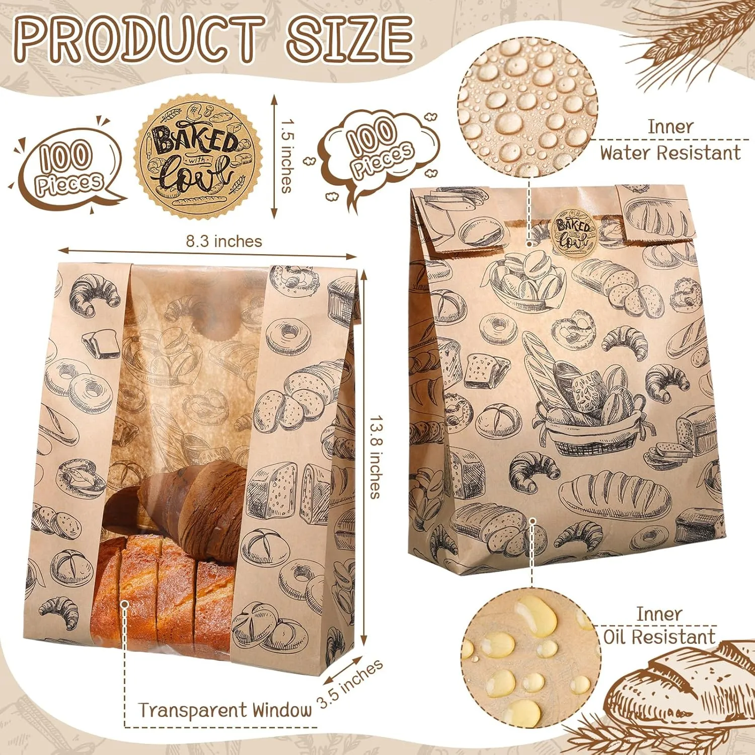 100 Packs Paper Bread Bags for Homemade Bread Sourdough 13.8 x 8.3 x 3.5 Inches Kraft Paper Bakery Bag with Window Label Seal Sticker for Baked Food Packaging Storage(Brown)