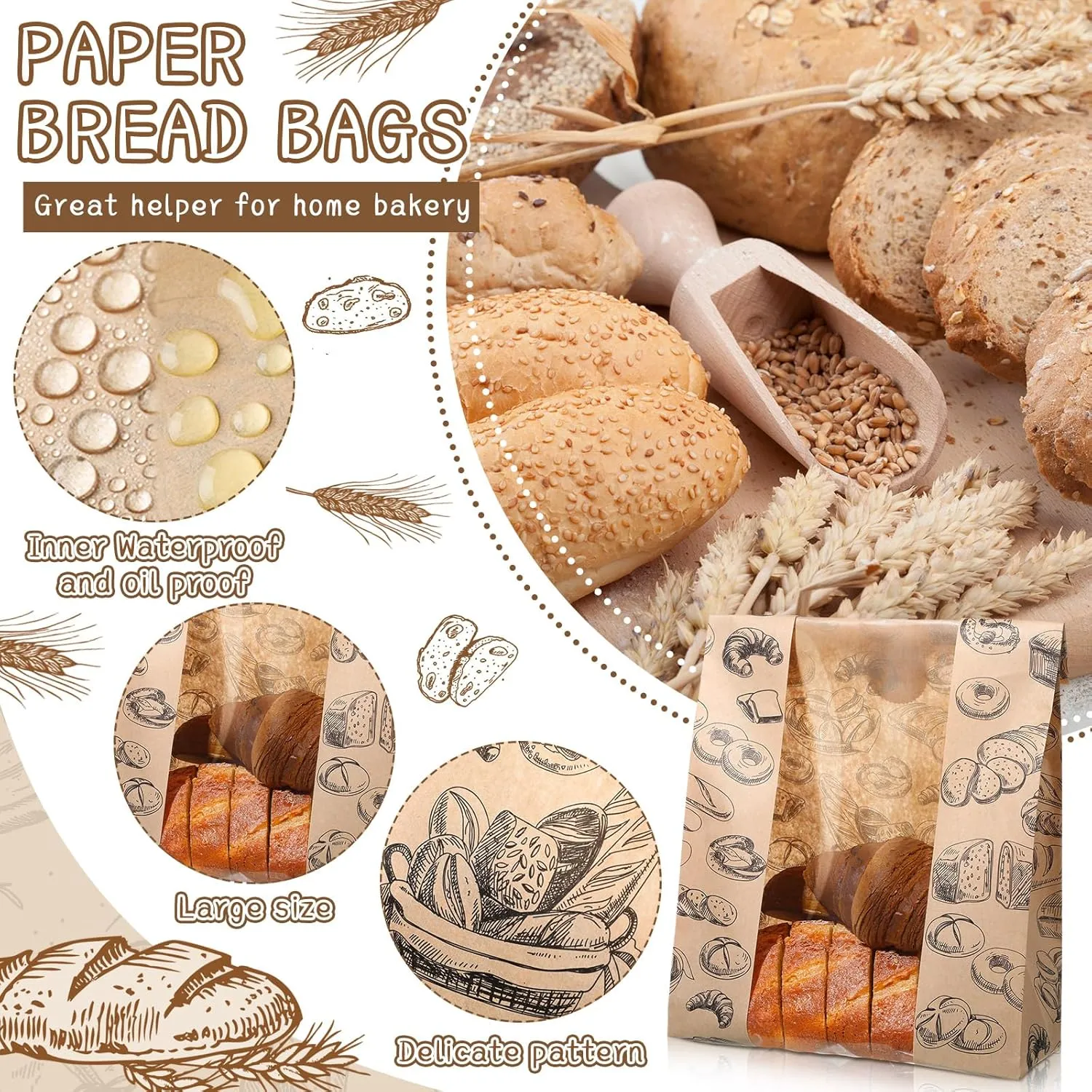 100 Packs Paper Bread Bags for Homemade Bread Sourdough 13.8 x 8.3 x 3.5 Inches Kraft Paper Bakery Bag with Window Label Seal Sticker for Baked Food Packaging Storage(Brown)