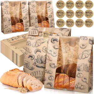 100 Packs Paper Bread Bags for Homemade Bread Sourdough 13.8 x 8.3 x 3.5 Inches Kraft Paper Bakery Bag with Window Label Seal Sticker for Baked Food Packaging Storage(Brown)