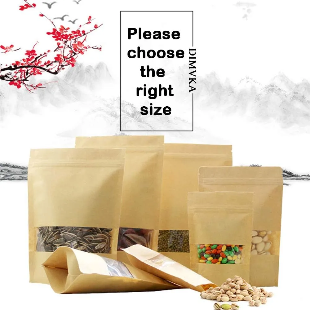 100 Pcs Resealable Stand Up kraft Paper Bags with Window for Packaging Products, Reusable Zip Lock Food Storage Pouch Bags (4.7" x 7.9")