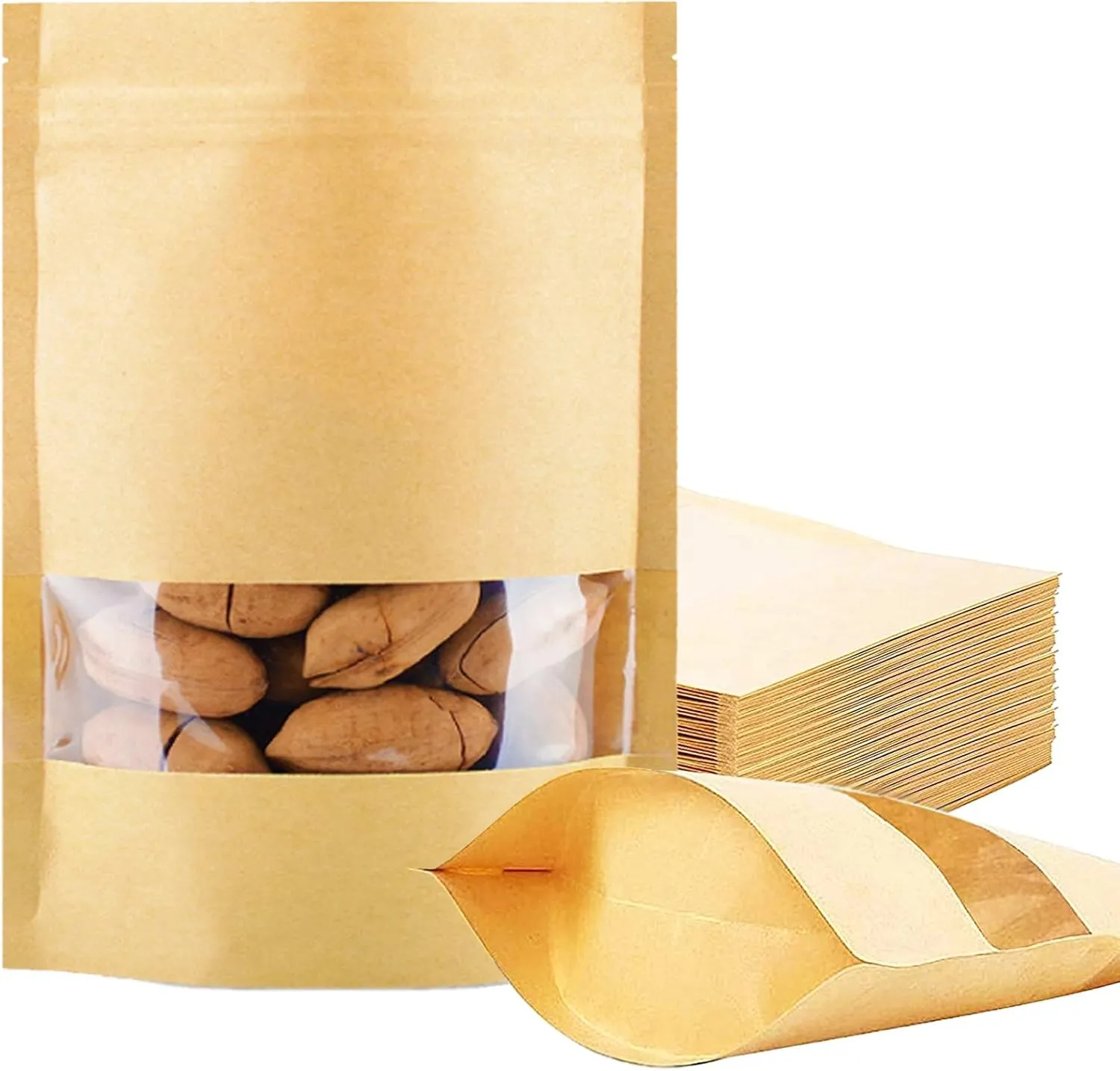 100 Pcs Resealable Stand Up kraft Paper Bags with Window for Packaging Products, Reusable Zip Lock Food Storage Pouch Bags (4.7" x 7.9")