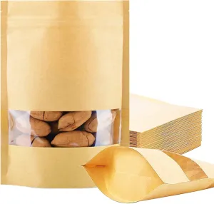 100 Pcs Resealable Stand Up kraft Paper Bags with Window for Packaging Products, Reusable Zip Lock Food Storage Pouch Bags (4.7" x 7.9")