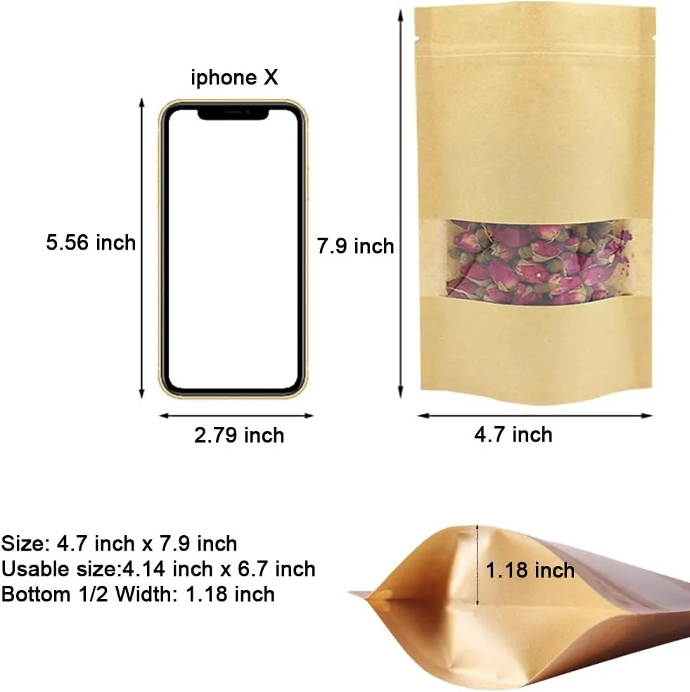 100 Pcs Resealable Stand Up kraft Paper Bags with Window for Packaging Products, Reusable Zip Lock Food Storage Pouch Bags (4.7" x 7.9")