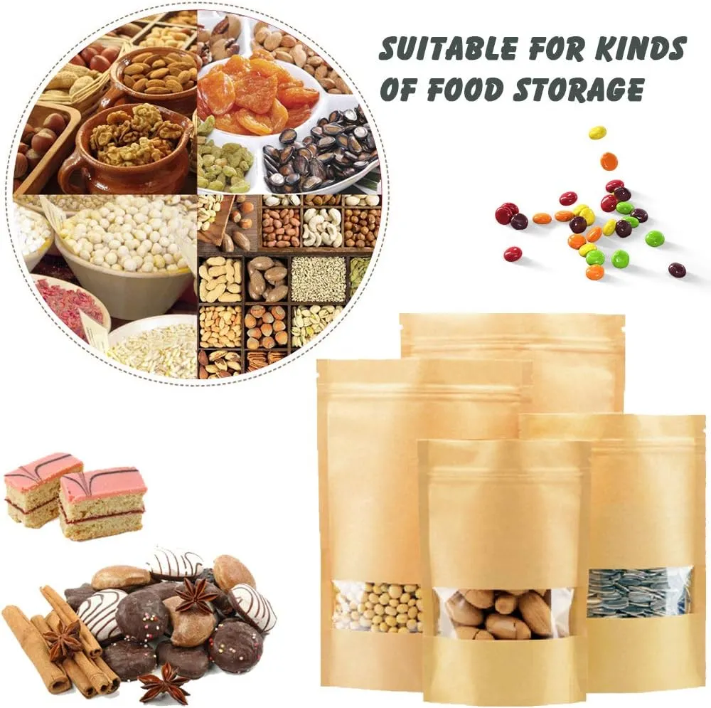 100 Pcs Resealable Stand Up kraft Paper Bags with Window for Packaging Products, Reusable Zip Lock Food Storage Pouch Bags (4.7" x 7.9")