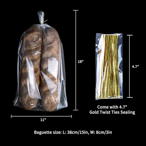 11 x 18 Inch French Bread Bags, 100 Clear Plastic Baugette Long Bags With Free Twist Ties - Mirco Perforated, Thickened, Freezer Safe, Disposable