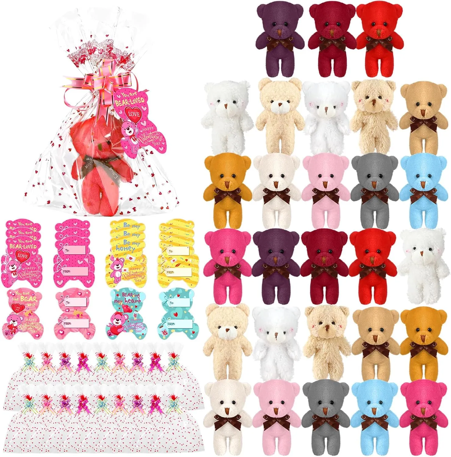 112 Pcs Valentines Day Plush Mini Stuffed Bears with Gift Cards Set for Boys Girls Soft Tiny Bear Doll Toys Keychain Gift Bag for Kids Valentines Birthday Classroom Exchange Party Favor