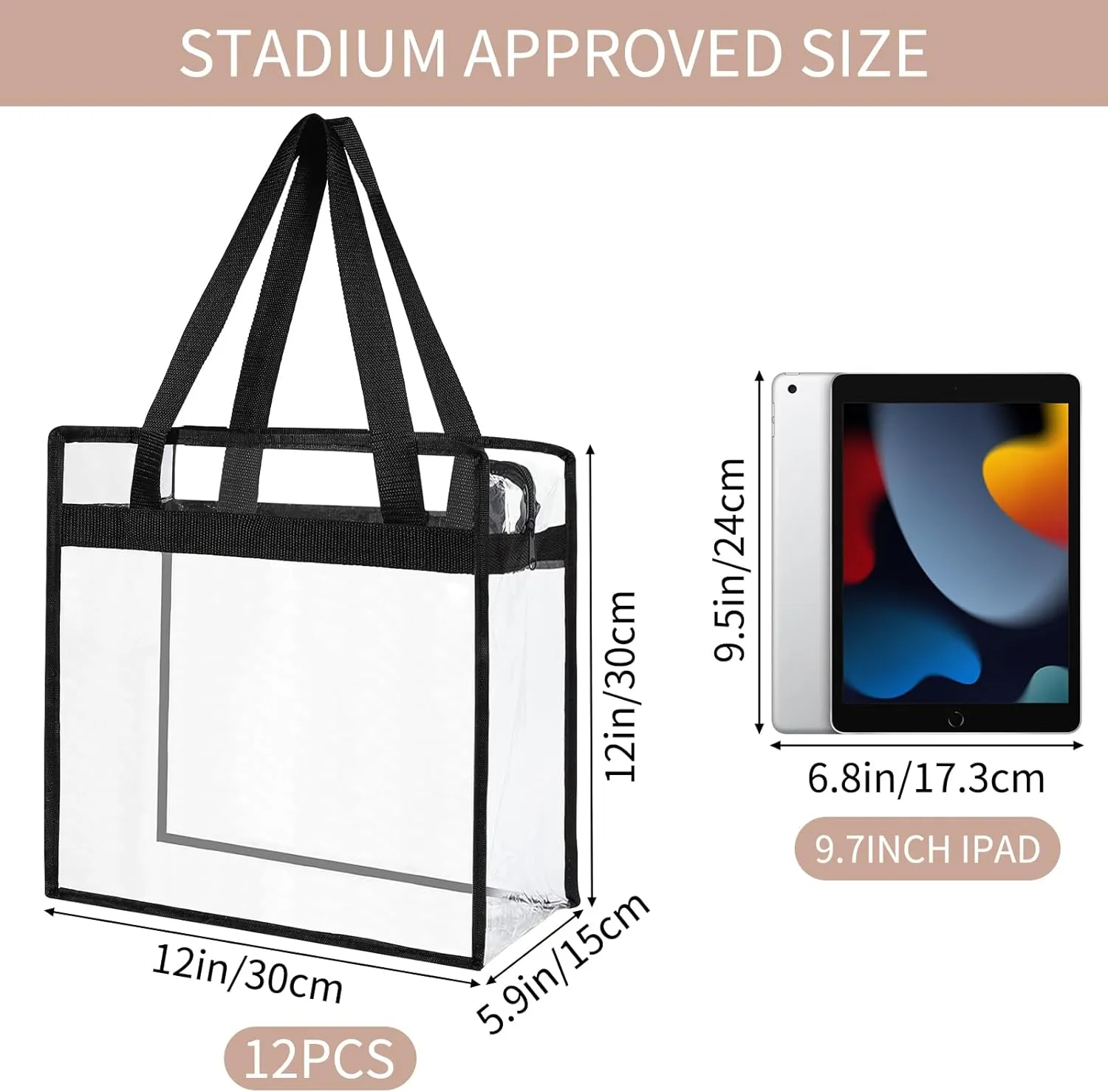 12 Packs Clear Tote Bag Stadium Approved - 12x6x12 Large Transparent PVC Stadium Security Bag with Zipper Closure for Work, Gym Concert Sports