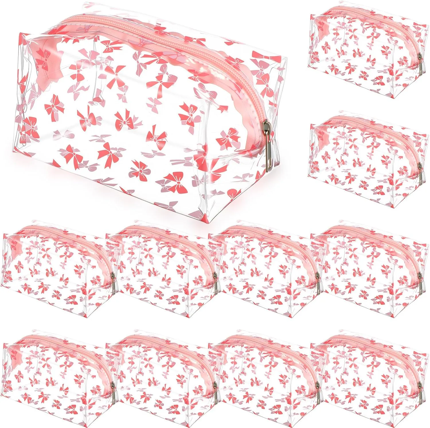 12 Pcs Pink Bow Makeup Bag Bulk Coquette Makeup Bag with Zipper Transparent PVC Travel Cosmetic Case for Women Mother Nurse Organizer