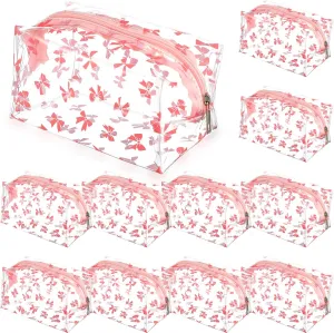 12 Pcs Pink Bow Makeup Bag Bulk Coquette Makeup Bag with Zipper Transparent PVC Travel Cosmetic Case for Women Mother Nurse Organizer