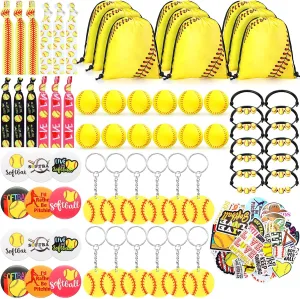 122 Pcs Softball Party Favors Softball Gifts for Girls and Boys, Include Softball Bracelet Drawstring Softball Bag Foam Mini Softball Ball Hair Ties Button Badges and Softball Stickers for Team