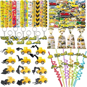 122PCS Construction Party Favors Construction Theme Birthday Party Supplies Mini Engineering Vehicles Toy Slap Bracelet Keychain Party Straw Truck Stickers Bags for Birthday Party Gift