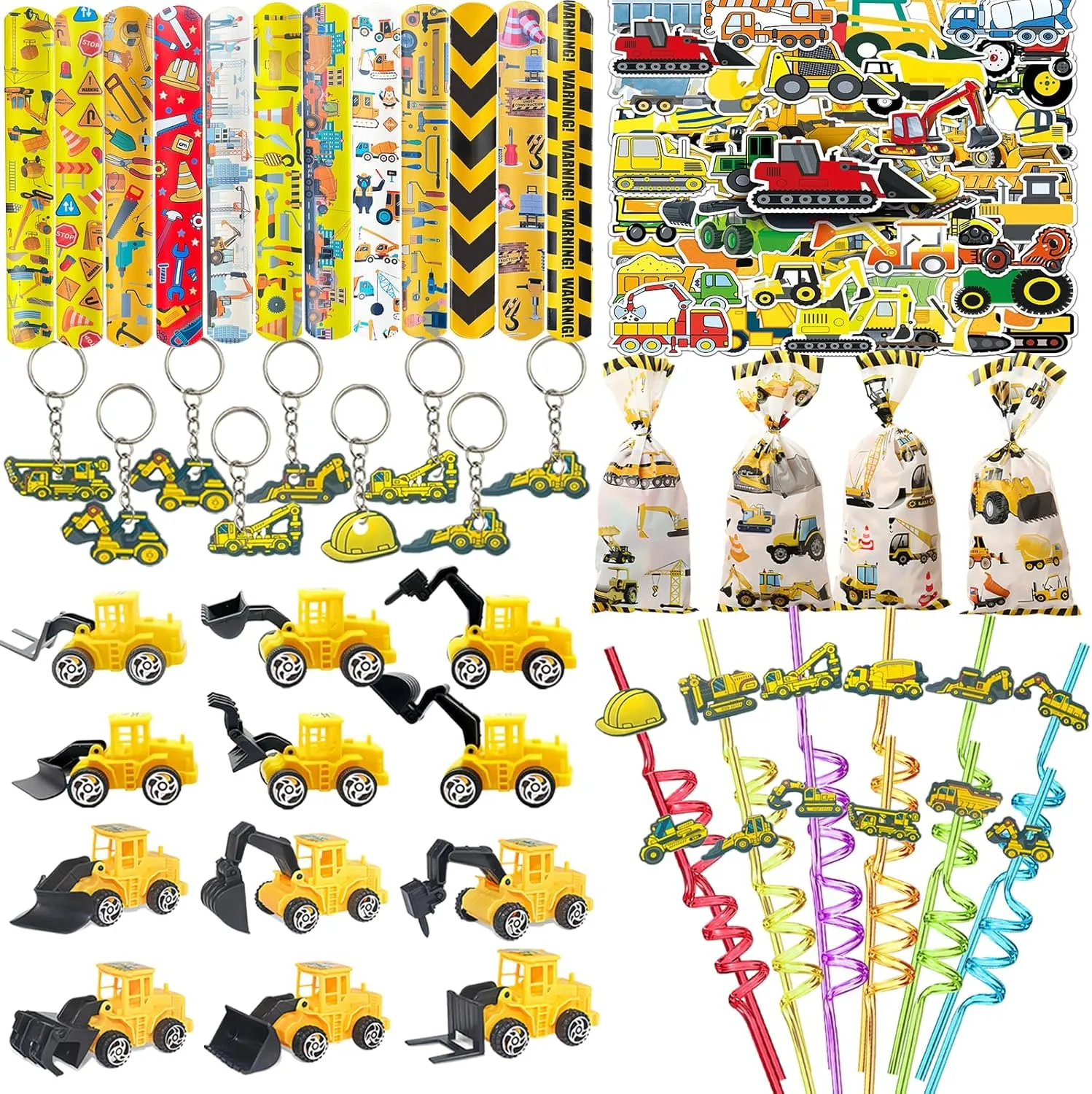 122PCS Construction Party Favors Construction Theme Birthday Party Supplies Mini Engineering Vehicles Toy Slap Bracelet Keychain Party Straw Truck Stickers Bags for Birthday Party Gift