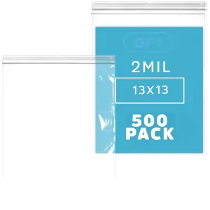 13" X 13" Clear Plastic Reclosable Zip bags, 500 Count, Large Bulk 2 Mil Thick Strong & Durable Poly Baggies with Resealable Zip Top Lock for Scrapbook, Travel, Storage, Packaging & Shipping-GPI