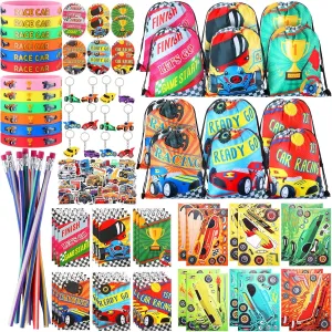 140 Pcs Racing Car Birthday Party Favors Kids Race Car Themed Birthday Party Racing Car DIY Stickers Drawstring Bags Mini Notepads Silicone Wristbands Bracelets Keychain Button Pins Soft Pencil