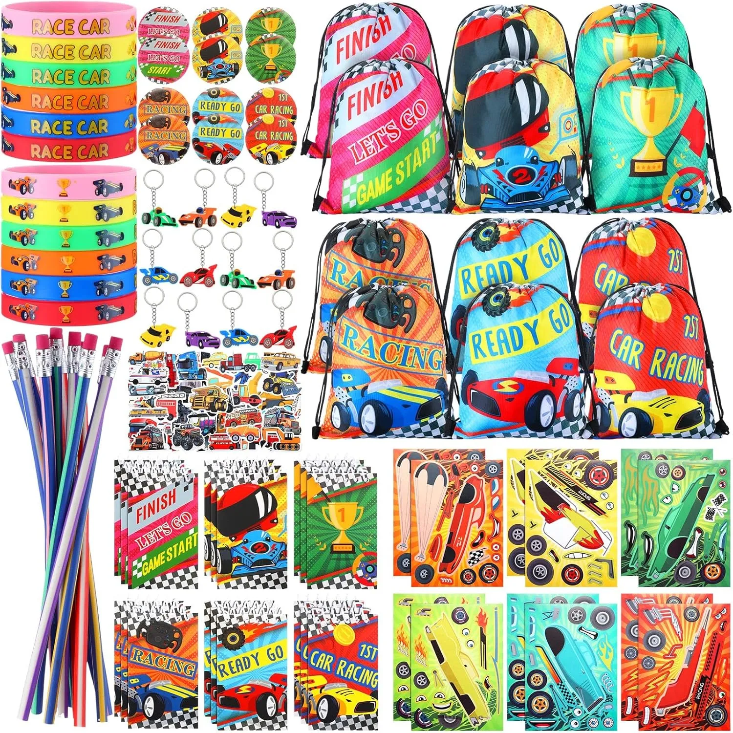 140 Pcs Racing Car Birthday Party Favors Kids Race Car Themed Birthday Party Racing Car DIY Stickers Drawstring Bags Mini Notepads Silicone Wristbands Bracelets Keychain Button Pins Soft Pencil