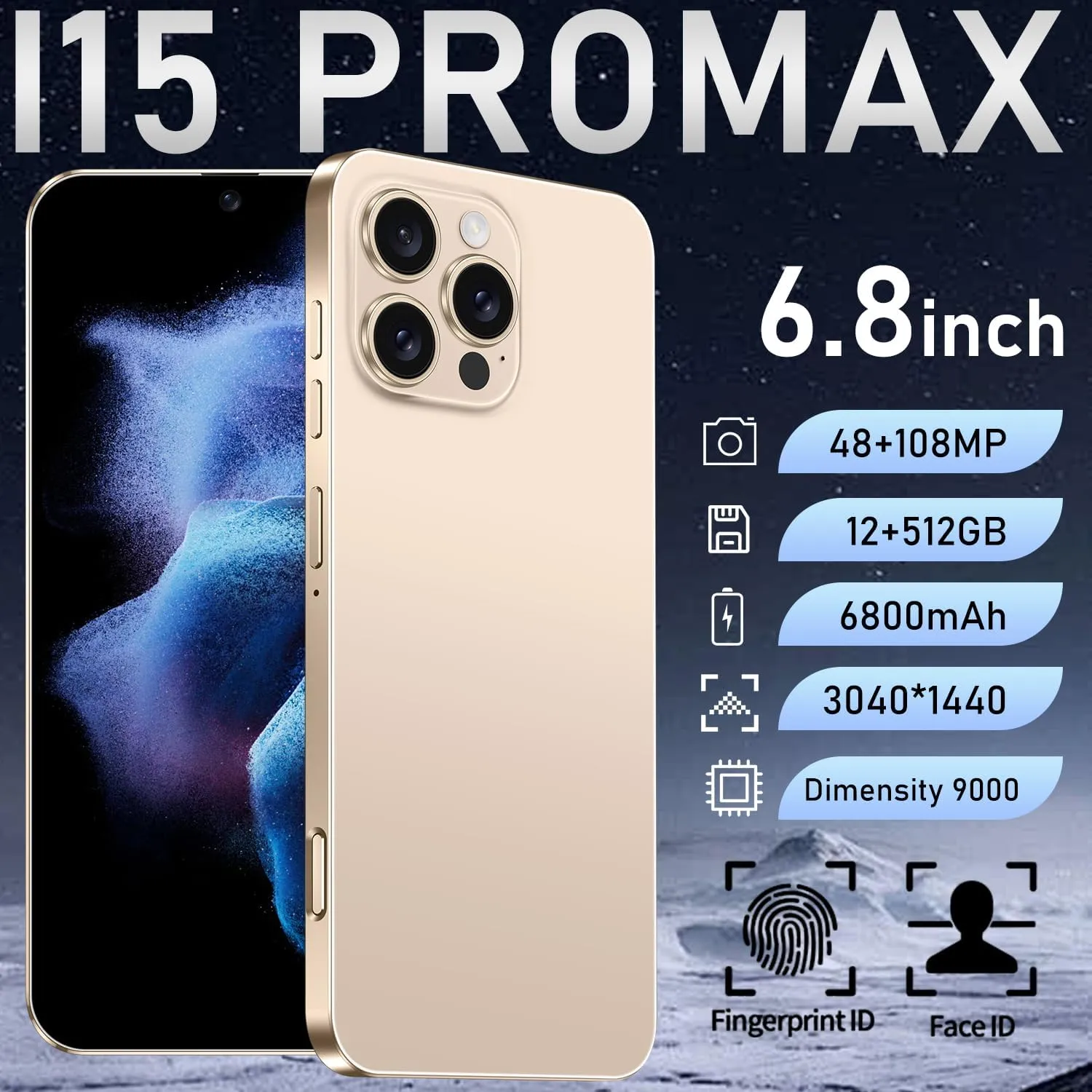 15 PROMAX 5G Unlocked Smartphone,12GB 512GB Fully Cell Phone for Android 14, 6.8" Unlocked Cell Phone, 6800mAh, 48MP 108MP Dual Camera/Dual SIM/Fingerprint Lock/Face (Desert Titanium)