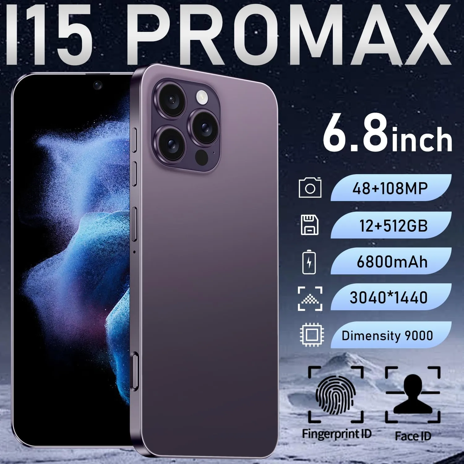 15 PROMAX5G Unlocked Smartphone,12GB 512GB Fully Cell Phone for Android 14, 6.8" Unlocked Cell Phone, 6800mAh, 48MP 108MP Dual Camera/Dual SIM/Fingerprint Lock/Face (Purple)