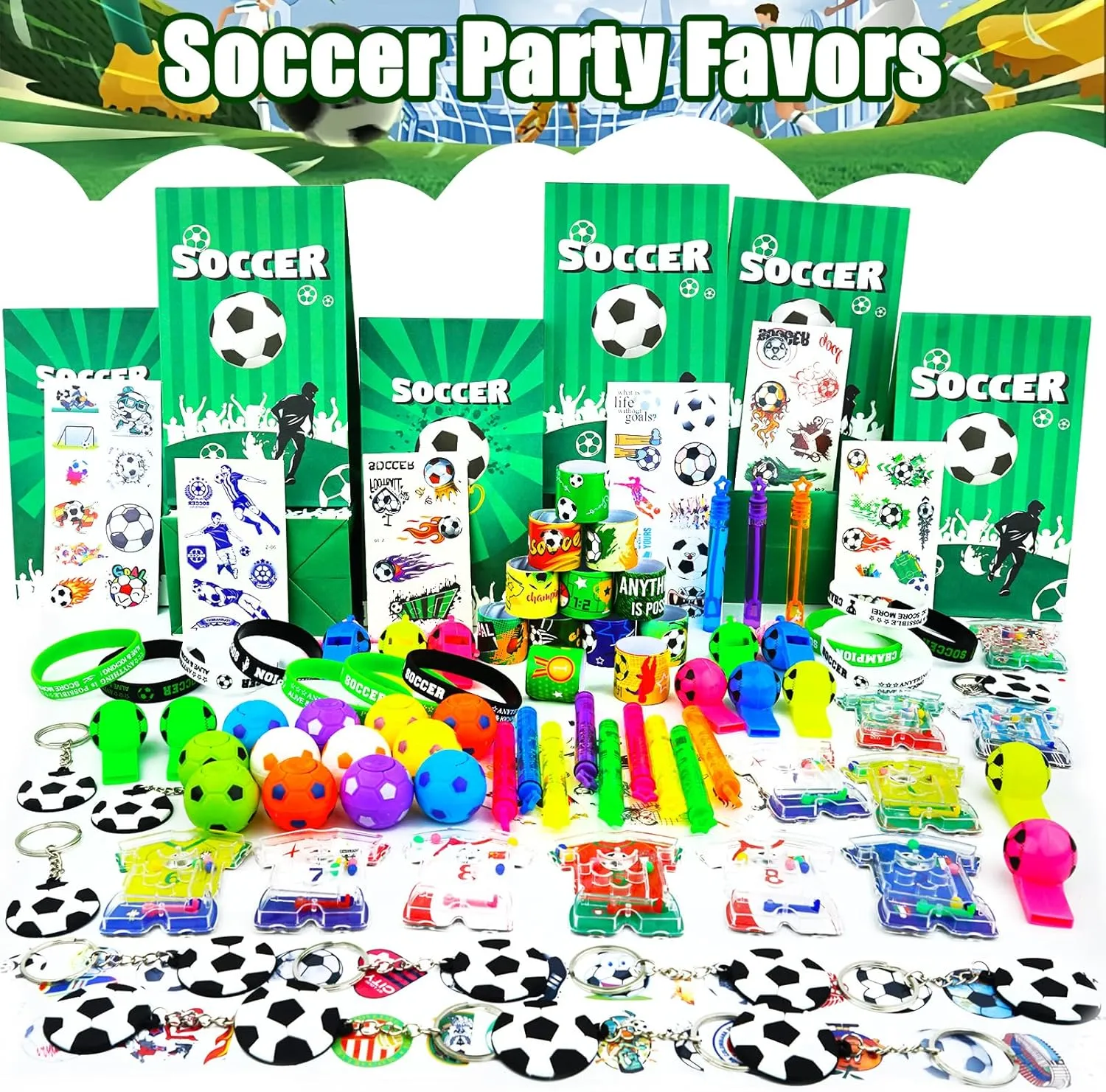 158Pcs Soccer Party Favors for Kids, Soccer Goodie Bag Stuffers Includ Rotatable Finger Stress Toys Whistles Bubble Wands Keychain Sticker for Birthday School Classroom Gifts Reward Prize