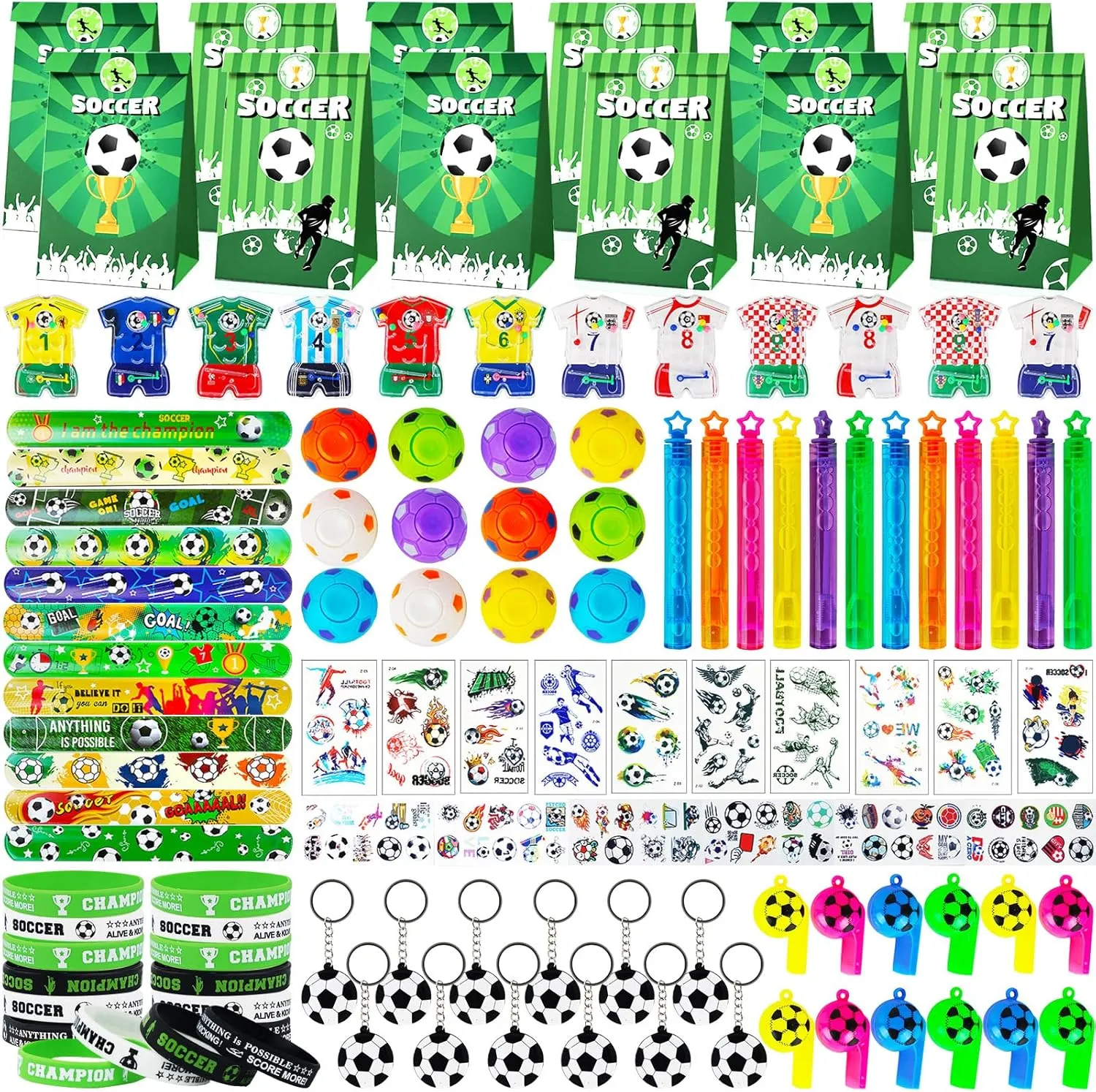 158Pcs Soccer Party Favors for Kids, Soccer Goodie Bag Stuffers Includ Rotatable Finger Stress Toys Whistles Bubble Wands Keychain Sticker for Birthday School Classroom Gifts Reward Prize