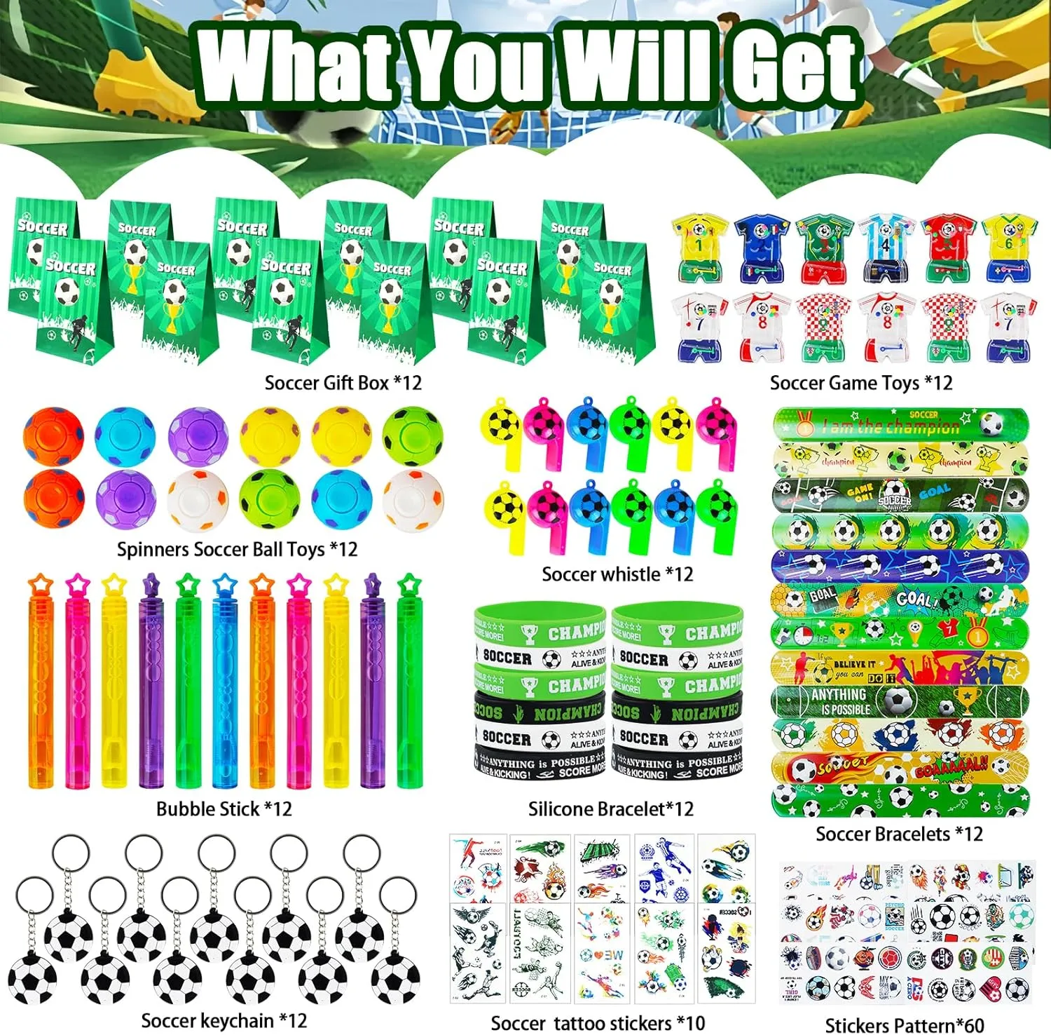 158Pcs Soccer Party Favors for Kids, Soccer Goodie Bag Stuffers Includ Rotatable Finger Stress Toys Whistles Bubble Wands Keychain Sticker for Birthday School Classroom Gifts Reward Prize
