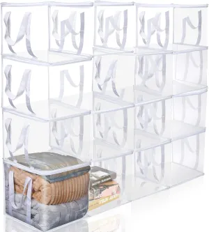 16 Pcs Clear Zippered Organizers 12''x12''x12'' Moving Bags with Reinforced Handles Heavy Duty Storage Cube Tote Storage Blanket Bags Bins for Clothes Moving Supplies Linens Shoes Closet Organizer