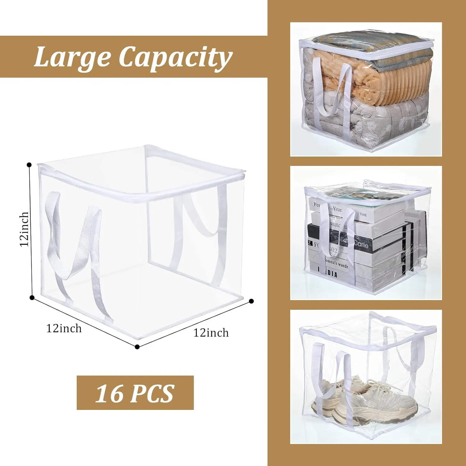 16 Pcs Clear Zippered Organizers 12''x12''x12'' Moving Bags with Reinforced Handles Heavy Duty Storage Cube Tote Storage Blanket Bags Bins for Clothes Moving Supplies Linens Shoes Closet Organizer