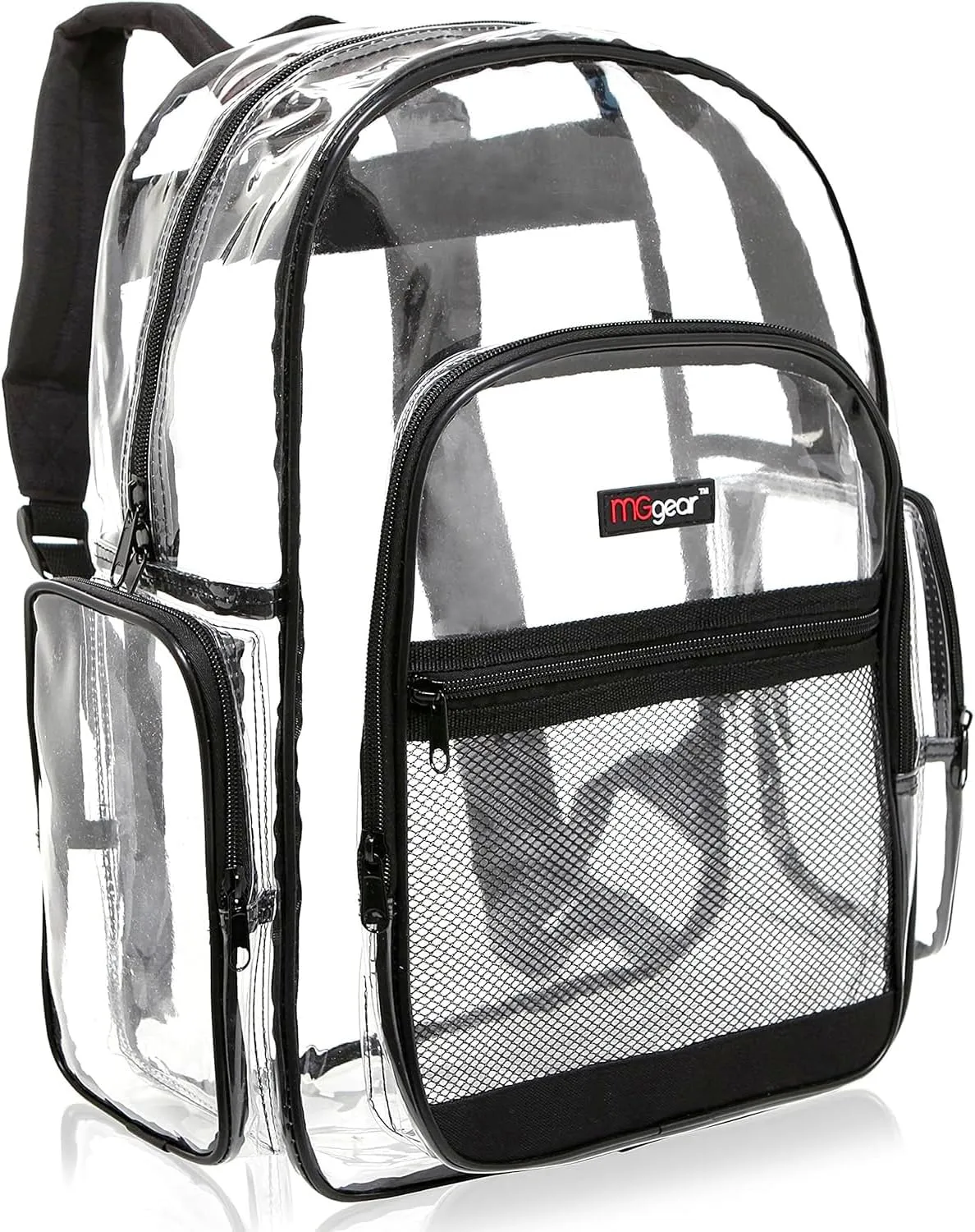 17 Inch Clear PVC Backpack with Black Trim and 5 Zipper Compartments, Transparent School Bookbag for Boys Girls, Travel or Work Bag for Men Women