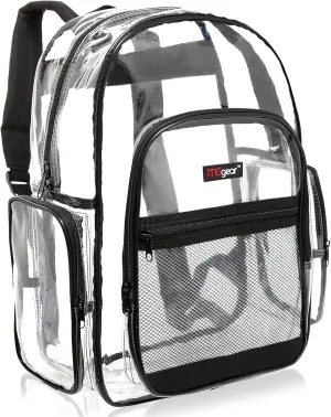 17 Inch Clear PVC Backpack with Black Trim and 5 Zipper Compartments, Transparent School Bookbag for Boys Girls, Travel or Work Bag for Men Women