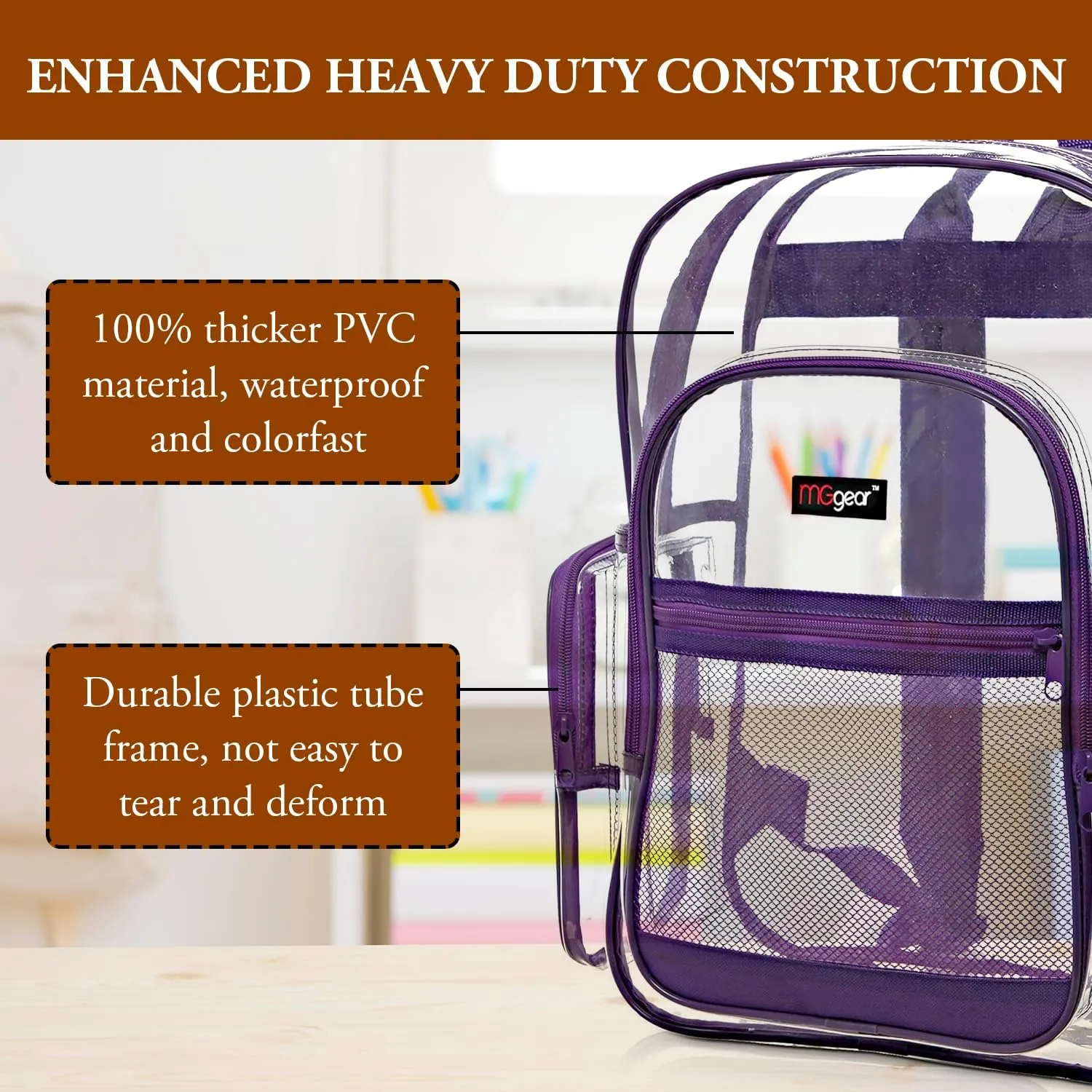 17 Inch Clear PVC Backpack with Purple Trim and 5 Zipper Compartments, Transparent School Bookbag for Boys Girls, Travel or Work Bag for Men Women