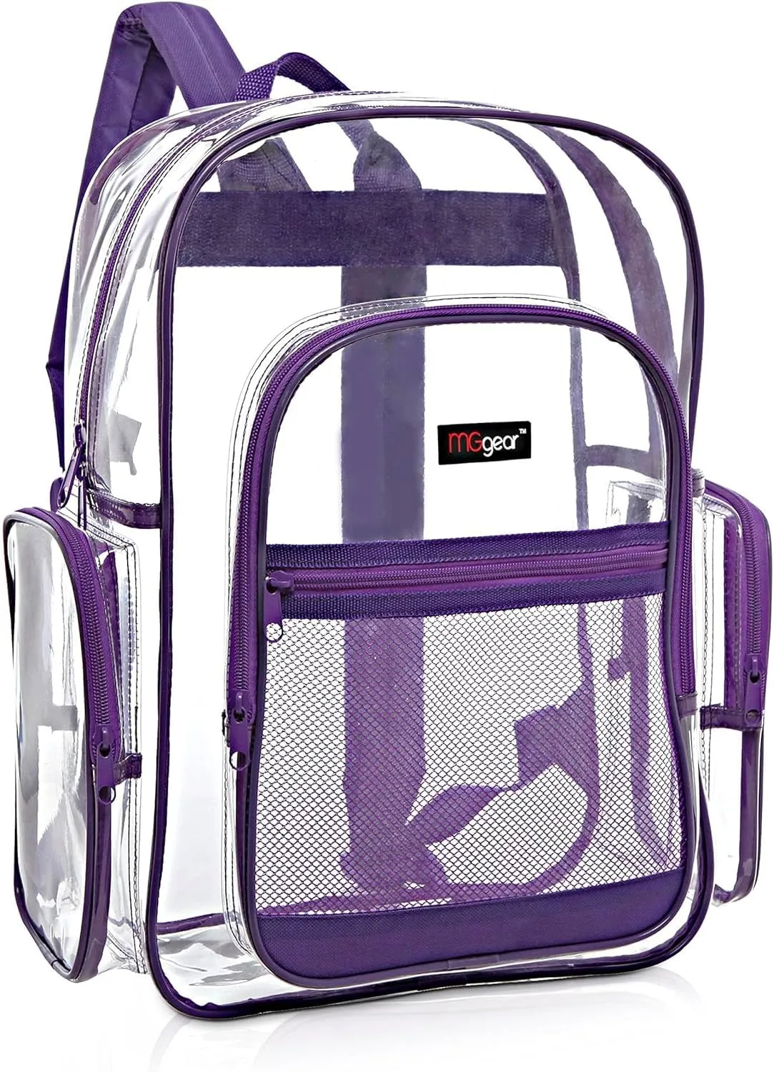 17 Inch Clear PVC Backpack with Purple Trim and 5 Zipper Compartments, Transparent School Bookbag for Boys Girls, Travel or Work Bag for Men Women