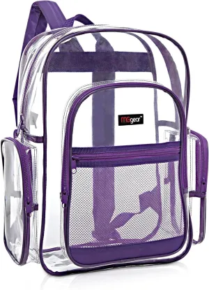 17 Inch Clear PVC Backpack with Purple Trim and 5 Zipper Compartments, Transparent School Bookbag for Boys Girls, Travel or Work Bag for Men Women
